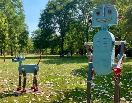 These are the welded steel robots Metro and Orbit by Todd Willing