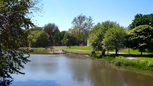 A view across the lagoon toward the Sherman Park Fieldhouse