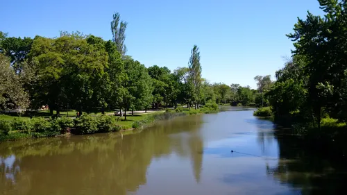 The lagoon's calm waters reflect the surrounding tree canopy on a clear day