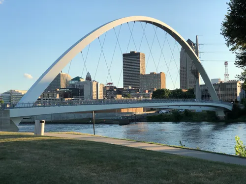 The Iowa Women of Achievement Bridge arches over the Des Moines River