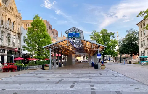 The park's large pavilion seen from across the open plaza on Main Street