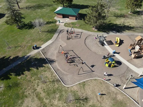 Aerial view of the large playground area in Shillito Park's south section
