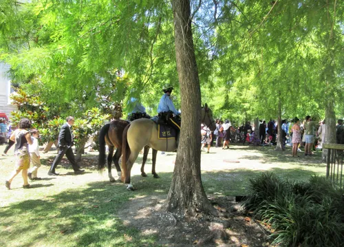 Police officers on horseback patrolling the park grounds