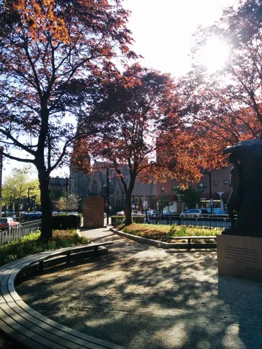 Autumn foliage catches the sunlight at Harriet Tubman Square