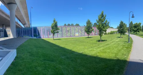 Green lawn area with curved walkway and trees