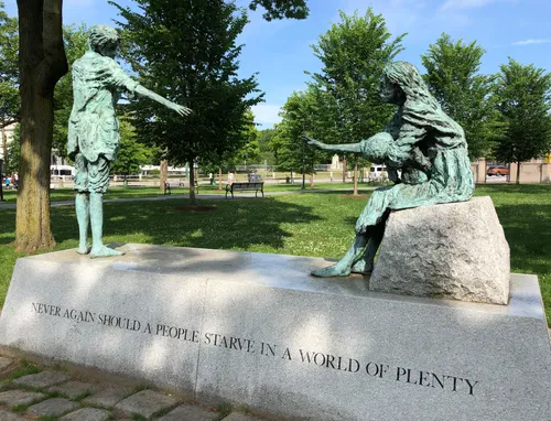 Irish Famine Memorial sculpture with inscription