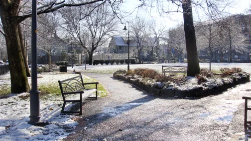 Snow-covered park landscape on a winter day