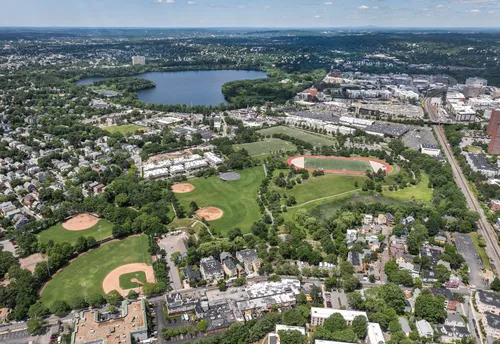 Aerial view showing the park's layout with Fresh Pond in the background