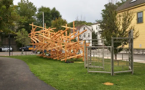The wooden sculptural installation BREATHE displays smart agriculture