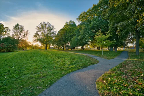 Winding pathways through the park's lush green fields