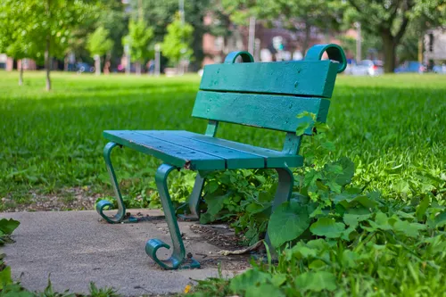 Turquoise park bench nestled among fresh green grass