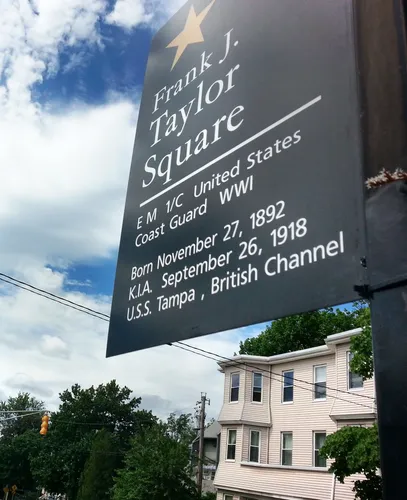 Sign at Taylor Square honors Frank J. Taylor, a serviceman killed in World War I