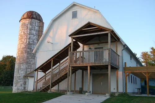 The R.E. Olds Anderson Rotary Barn with its distinctive silo and covered deck