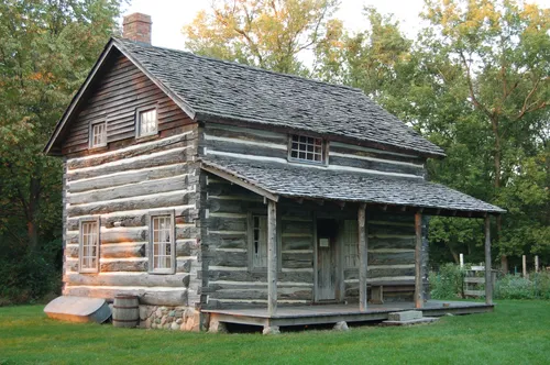 The Moon Log Cabin, with hewn log construction visible at the corners