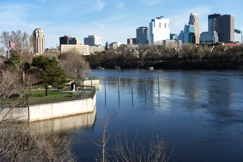 The Mississippi River flows past the park