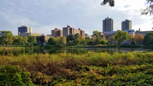 Fall colors frame a wide view of the park grounds