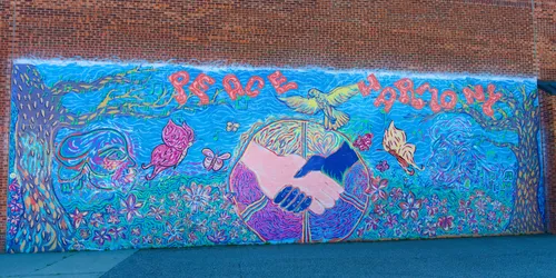 This large mural decorates the wall of the North Commons Recreation Center