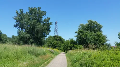 A trail cuts through lush greenery along one of the park's pathways