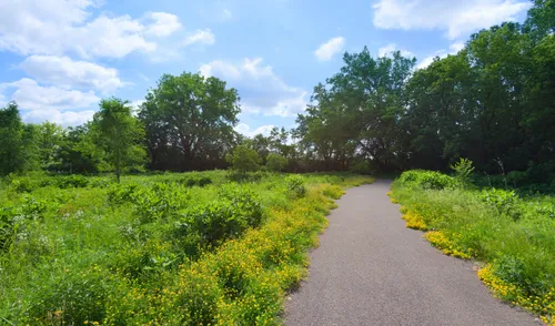 A paved trail runs through the park's green landscape