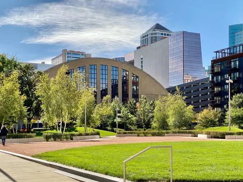 Lawn spaces with The Armory creating a dramatic backdrop