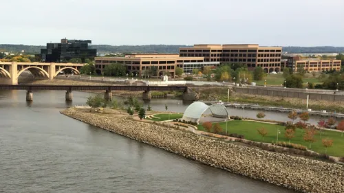 Elevated view of Raspberry Island and Schubert Club Bandshell