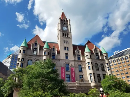 Landmark Center against a bright blue sky
