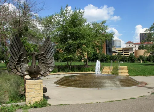 One of several circular water features along the riverbank