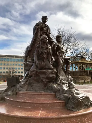 The bronze Corps of Discovery sculpture depicts Lewis and Clark Expedition members