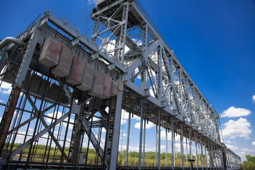 The historic ASB railroad bridge stretches across the Missouri River