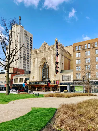 The Fox Theatre's beautiful facade seen from the park