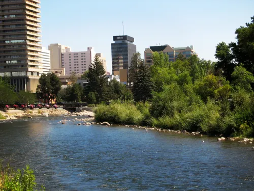 Truckee River flows alongside downtown Reno's skyline