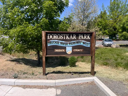 Wooden entrance sign welcomes visitors to Dorostkar Park in Washoe County
