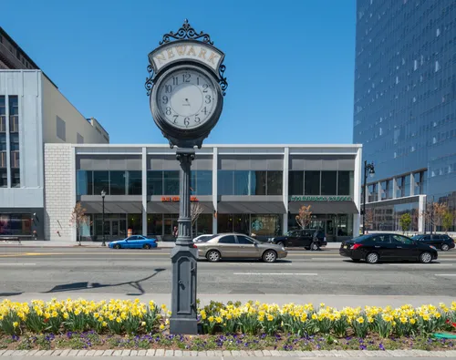 The Canterbury City Clock stands along the park's edge