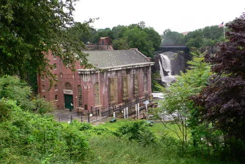 A historic brick hydroelectric plant is located at the park