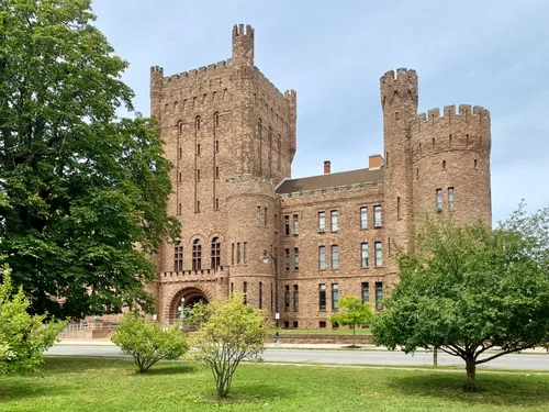 The Connecticut Street Armory's castle-like sandstone facade overlooks the north edge of Prospect Park