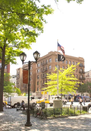 The corner of Second Avenue and East 10th Street on a bright spring day