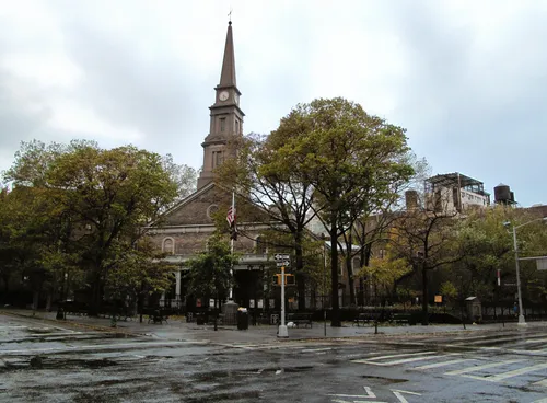 St. Mark's Church in-the-Bowery and its Greek Revival steeple on a moody day