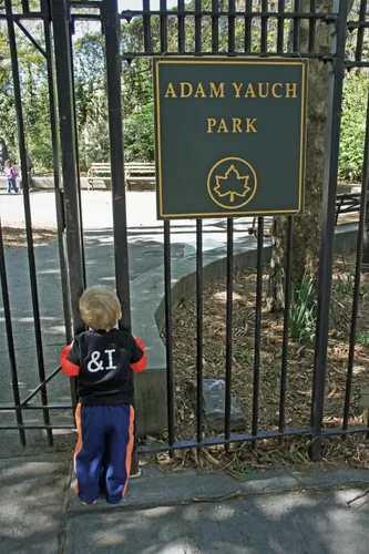 A young visitor peers through the iron gates of Adam Yauch Park