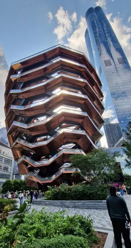 The uniquely shaped Vessel structure is located right next to the park