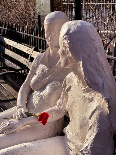 A close-up view of the Gay Liberation Monument's sculptures
