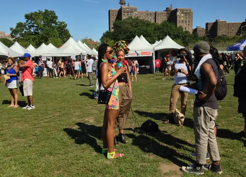 Visitors gather in the park to enjoy a sunny day during an event