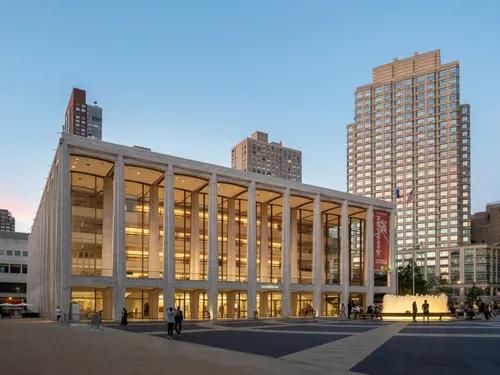 David Geffen Hall at Lincoln Center seen at dusk from the plaza