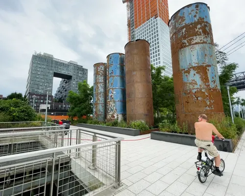 Four historic syrup collection tanks from the former Domino Sugar Refinery