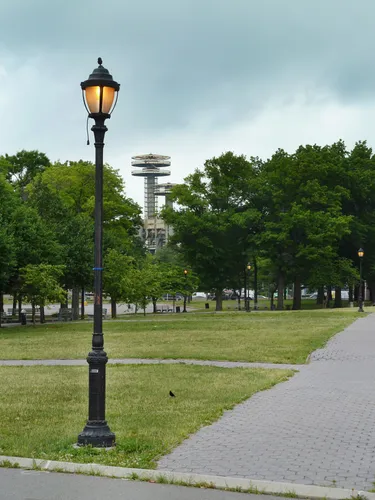 Lamp-lined pathways with the Observation Towers in the background