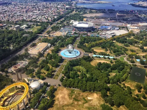 Aerial view of Flushing Meadows Corona Park showing the park layout