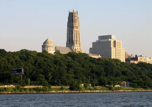 The Riverside Church and Grant Memorial rise majestically above the Hudson