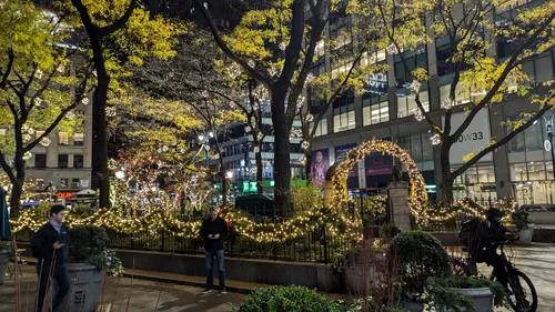 Holiday decorations brighten up the urban square