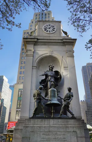 The James Gordon Bennett Memorial features Minerva overseeing the iconic bell-ringers Guff and Stuff