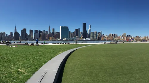 A panoramic view of Manhattan as seen from the large double-oval lawn