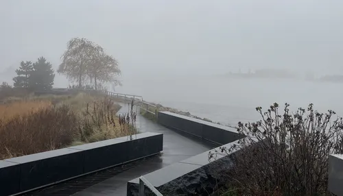 A quiet and misty morning on the park's angular walking path